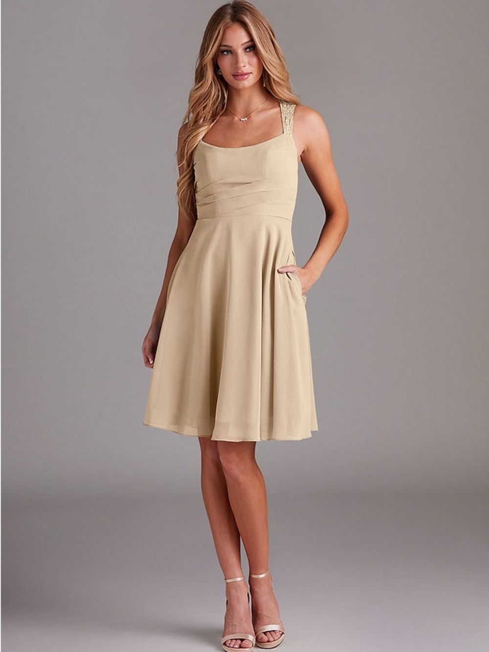 Azazie Champagne Square-Neck A-Line Mini Dress